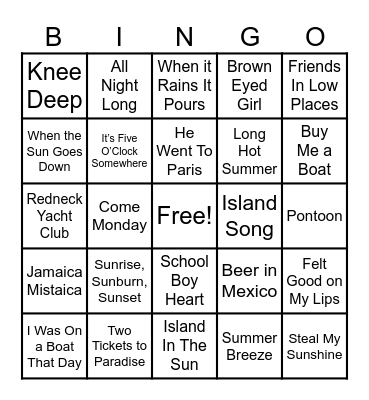 Margaritaville Music Bingo Card