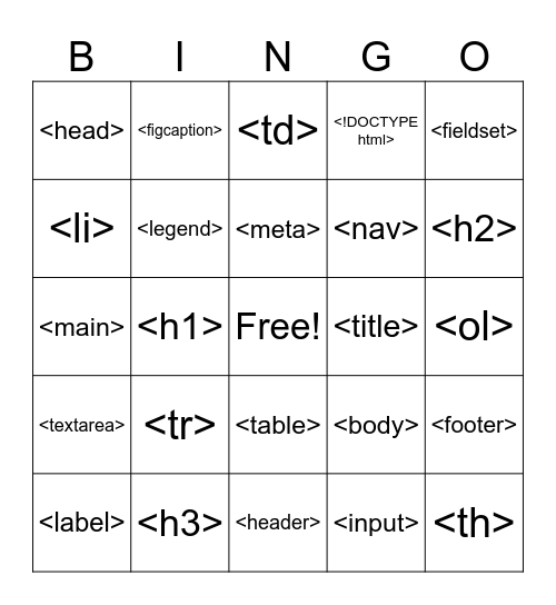 HTML Tag Bingo! Bingo Card