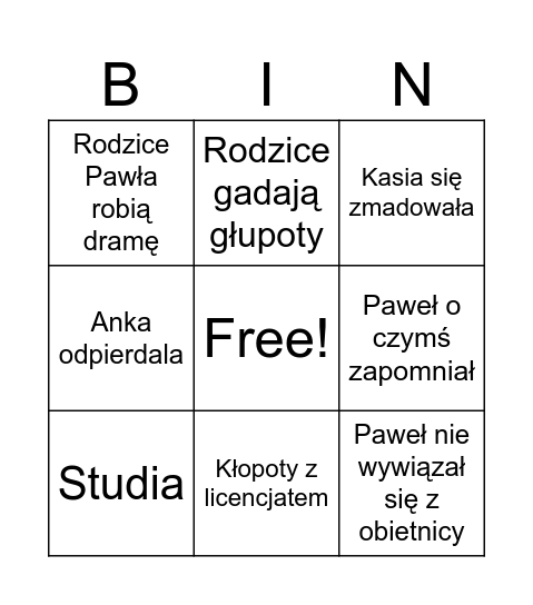 Mental Bingo Card