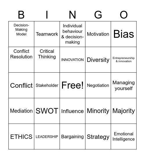 MGMT101 Bingo Card