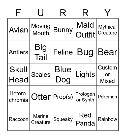 Fursuit Bingo Card