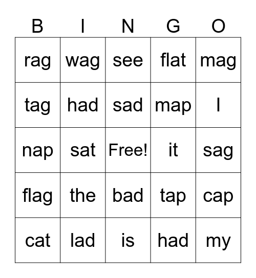 Short a Bingo -at -ag -ap -ad Bingo Card