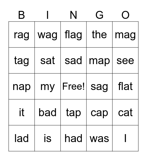 Short a Bingo -at -ag -ap -ad Bingo Card