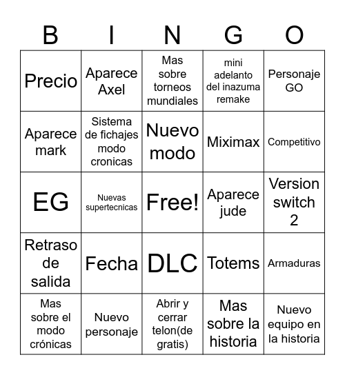 Inazumbas bingo Card