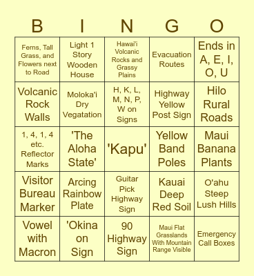 Hawaii Bingo Card