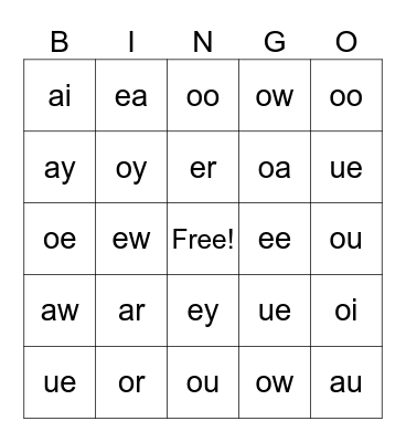 Vowel Pair Sounds Bingo Card