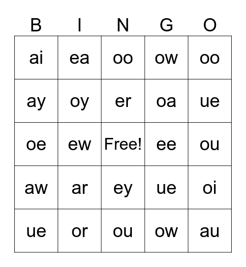 Vowel Pair Sounds Bingo Card