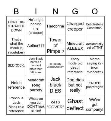 Da Minecraft Movie Bingo Card