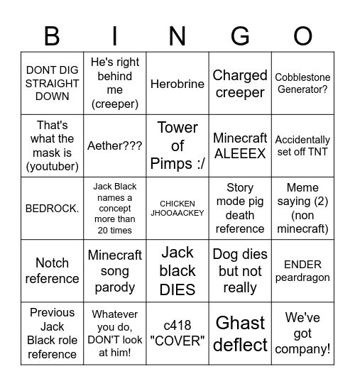 Da Minecraft Movie Bingo Card