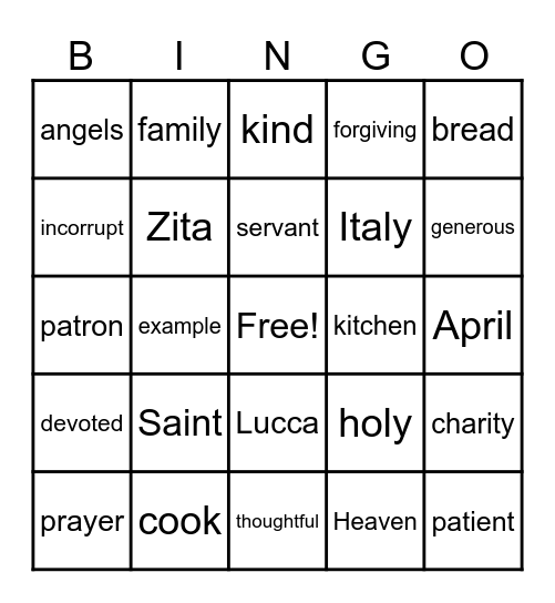 St. Zita Bingo Card