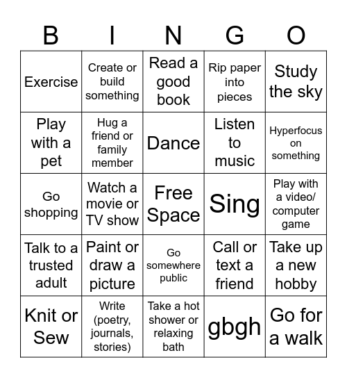 Coping Strategies Bingo Card