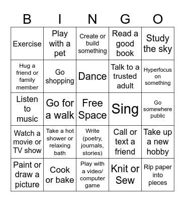 Coping Strategies Bingo Card