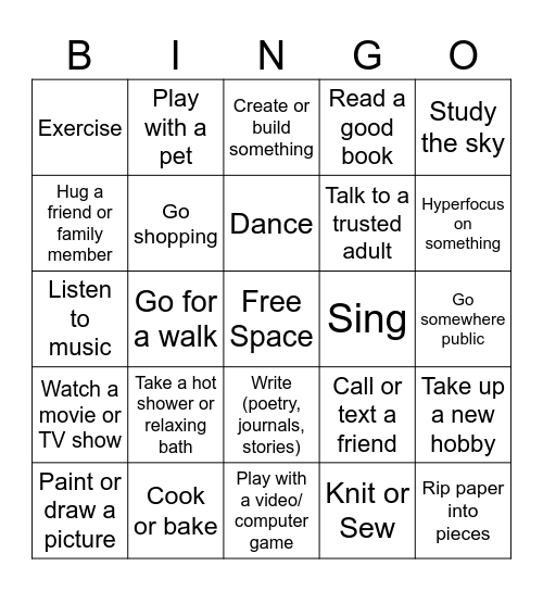 Coping Strategies Bingo Card