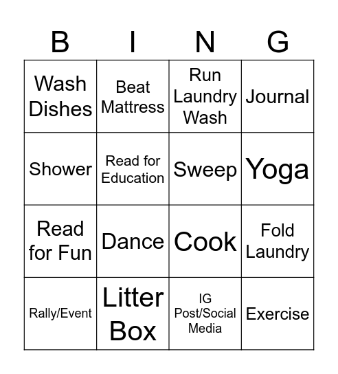 Weekly Duties Bingo Card