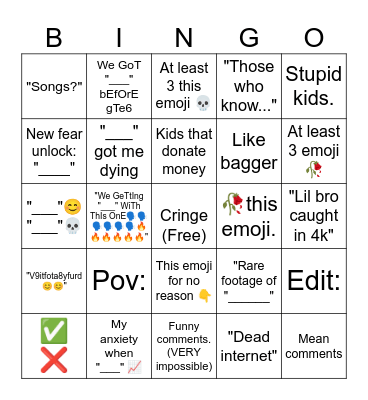The youtube shorts comment. Bingo Card