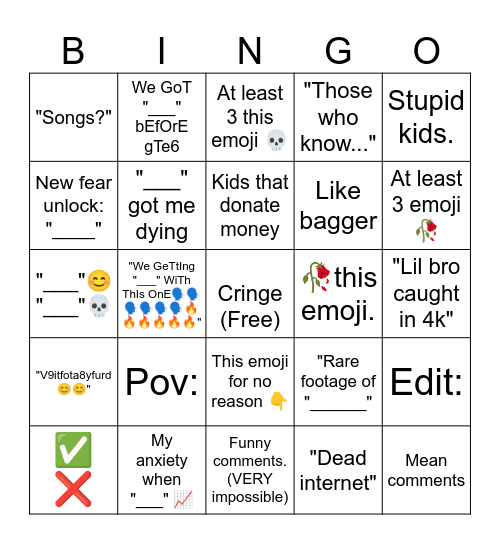 The youtube shorts comment. Bingo Card