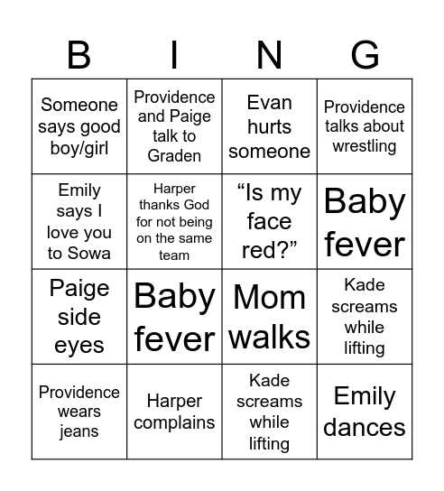 Gym Bingo Card