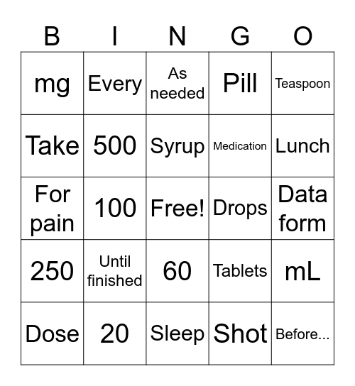Pharmacy Bingo Card