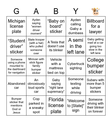 Gaby & Ayden's NJ Road Trip BINGO Card