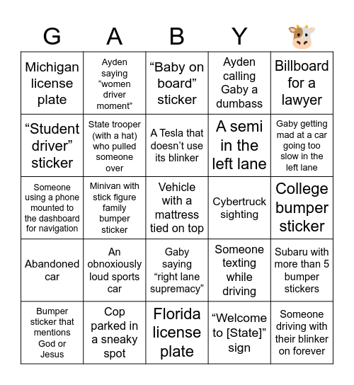 Gaby & Ayden's NJ Road Trip BINGO Card