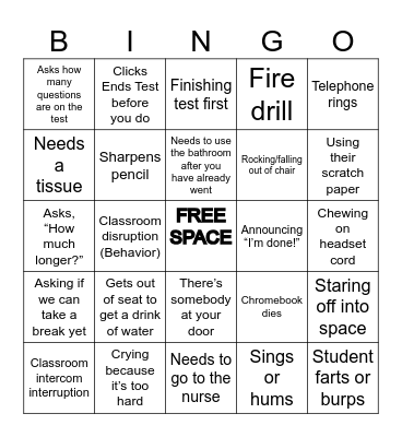 State Testing Bingo Card
