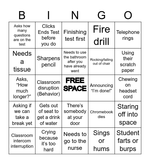 State Testing Bingo Card