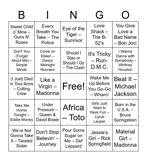 1980s Bingo Card