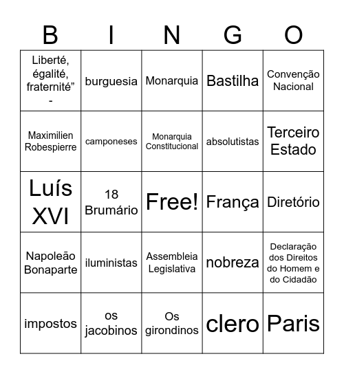 Revolução Francesa Bingo Card