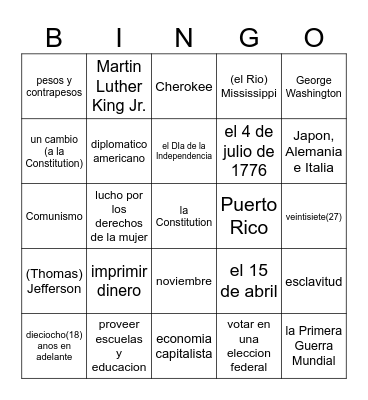 Ciudanania Bingo Card