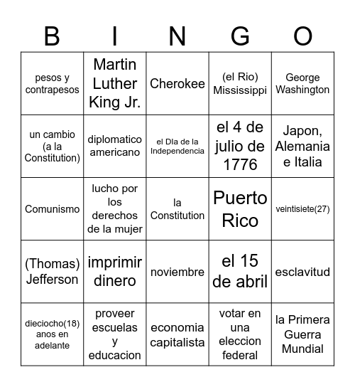 Ciudanania Bingo Card