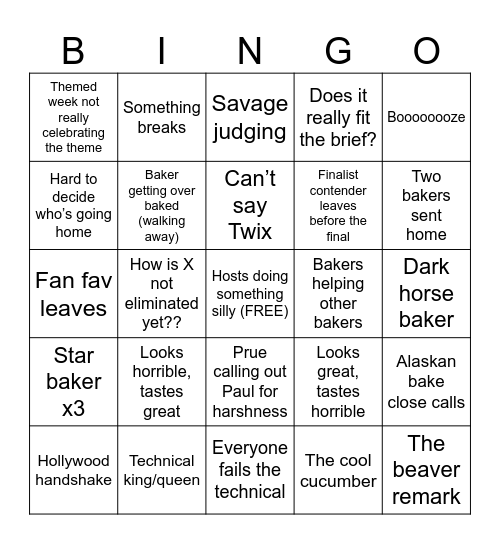 Great British Bake Off BINGO Card