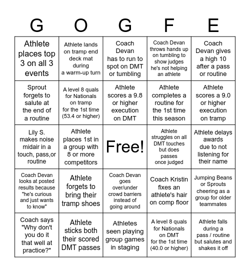 Gleason's Flyers 2025 State Meet BINGO Card
