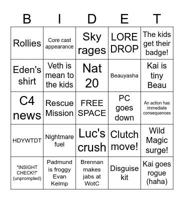 Critical Role Wildemount Wildlings Ep. 2 Bingo Card
