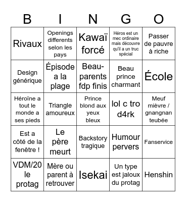 Clichés anime Bingo Card