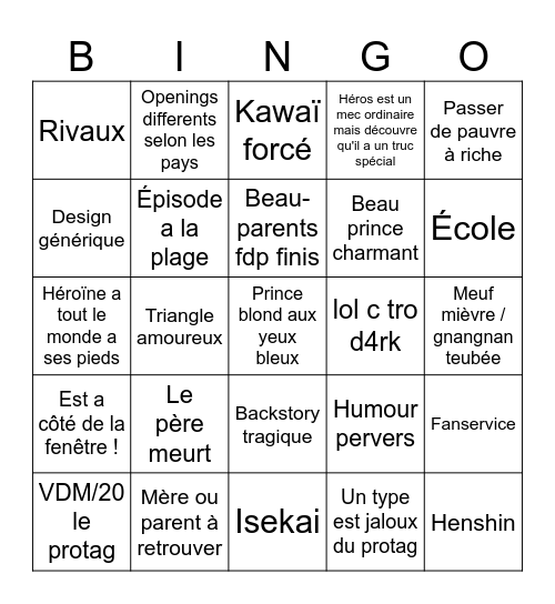 Clichés anime Bingo Card