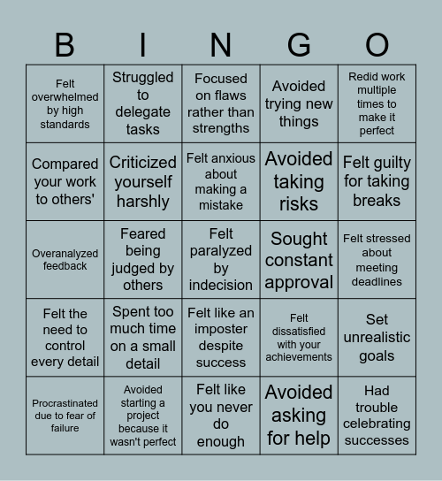 Perfectionism Bingo Card