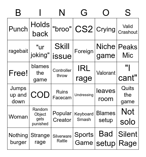 Gamer Rage Bingo Card