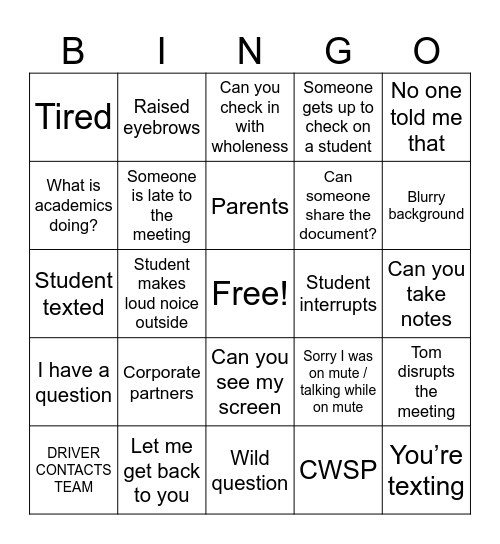 CWSP Bingo Card