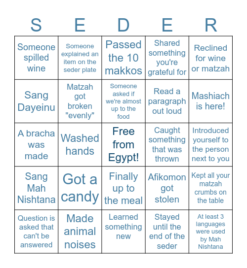 Pesach Seder Bingo Card