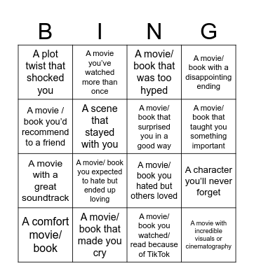 Movies/ Books Bingo Card