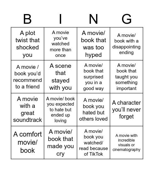 Movies/ Books Bingo Card