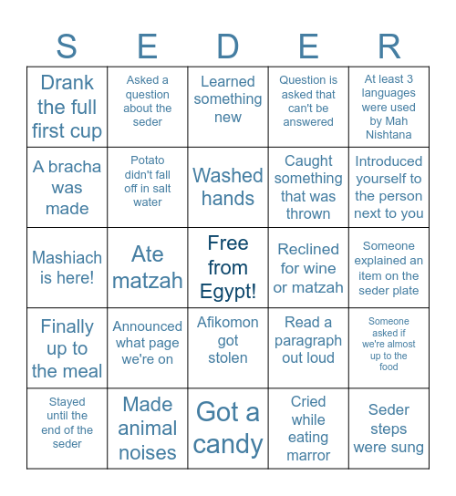 Pesach Seder Bingo Card