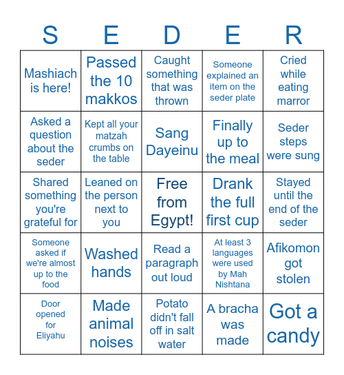 Pesach Seder Bingo Card
