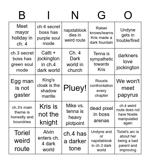 Deltarune 3 & 4 prediction Bingo Card