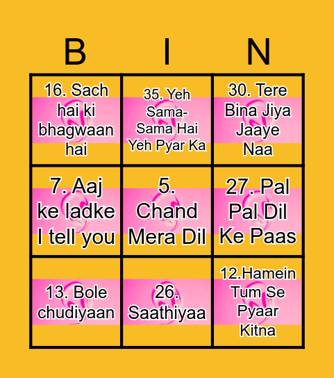 BOLLYWOOD MUSIC Bingo Card