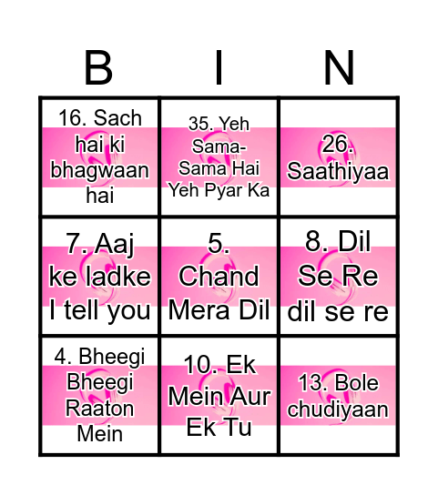 BOLLYWOOD MUSIC Bingo Card