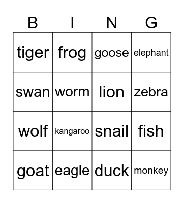 ANIMALS Bingo Card