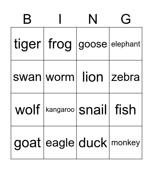 ANIMALS Bingo Card