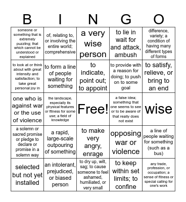 Vocab Unit 3 Bingo Card