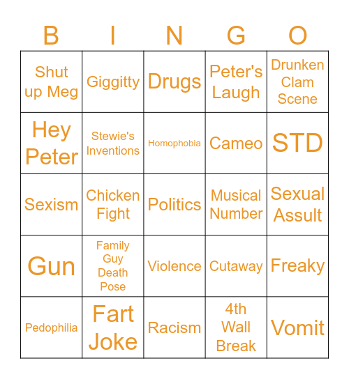 Family Guy Bingo Card